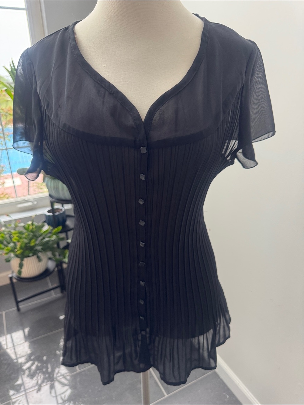 Lane Bryant Black Sheer Pleated Button-Front Blouse